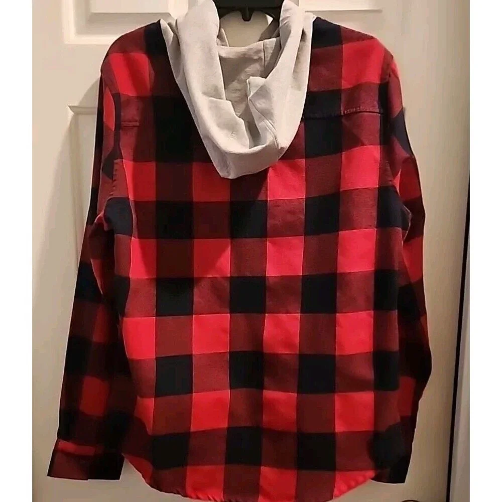 AFWD Mens XL Red Black Plaid Hoodie Button Down Shirt Long Sleeve - Picture 3 of 6